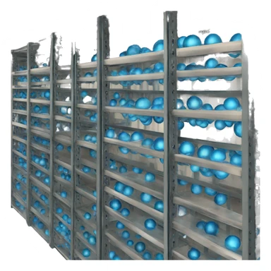 tall metal shelves with many blue orb prophecies sticker