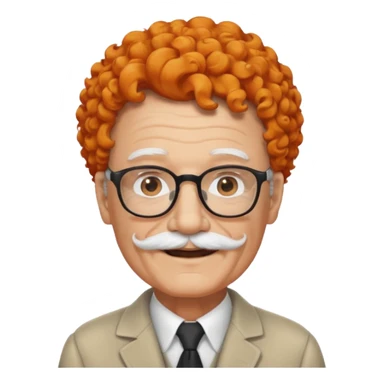 An elderly man with curly orange hair, brown eyes, black glasses, and a white mustache, wearing a gentle smile. sticker
