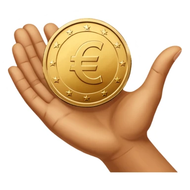 An open hand facing upwards holding a coin with a euro symbol in the center. The coin is placed slightly above the palm, symbolizing financial support or budget. sticker