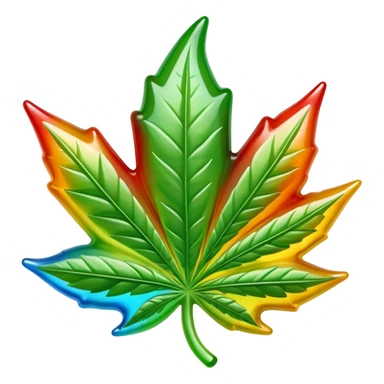 colorful shiny gusher gummy shaped like a cannabis leaf with a bite mark showing the liquid center sticker