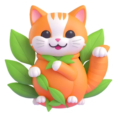 3D iOS style hand holding a kawaii orange and white cat wrapped in a green leaf, smiling, very cute and soft sticker