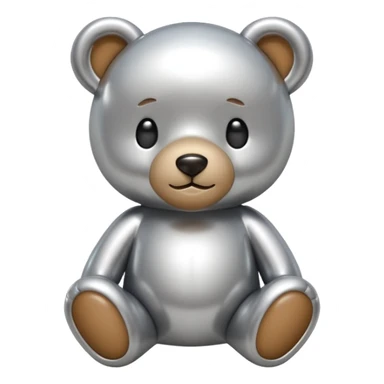 A cute teddy bear emoji made of liquid silver chrome, smooth rounded body, glossy metallic surface, soft reflections, friendly proportions, iOS emoji style, centered, clean white background sticker