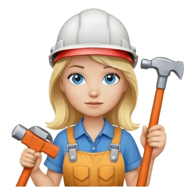 A blond girl blue eyes, handyman Outfit, wearing a Helmet and a Hammer, Whole body  sticker