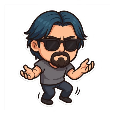 a dark brooding hipster with electric dark blue hair, surfer middle part, chin length hair, classic neat trimmed bushy goatee, black classic rayban shades, plain gray t-shirt, doing the gimmie dance, maniac dance, 1980's dance sticker