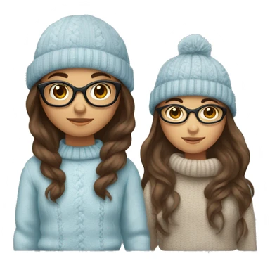 2 hispanic girls, long brown hair, brown eyes, full body, glasses, young, light blue winter sweater sticker