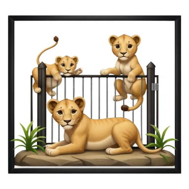 Un letrero del zoológico que dice “LION CUBS — BORN LAST WEEK” y delante una leona con sus cachorros recién nacidos, con la gente mirando emocionada desde la reja.






 sticker