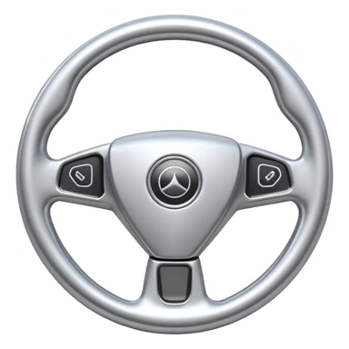 A futuristic steering wheel emoji made of silver chrome, minimal geometric design, smooth metallic surface, soft reflections, iOS emoji style, centered, clean white background sticker