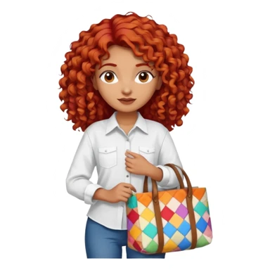 a pretty tan indian bratz girl with curly red hair, wearing an oversized patchwork white shirt, carrying a tote bag sticker