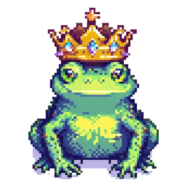 pixel art crowned frog, simple and colorful sticker