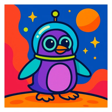 alien penguin, vibrant colors, playful, cartoon style sticker