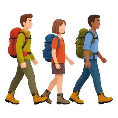 three startup team members walking from left to right with hiking boots and rucksacks to sticker