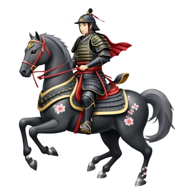 clash-of-clans-aesthetic_-cinematic-fearsome-and-majestic-samurai-bust-portrait-emoji, rendered in a flat, vector-style with minimal shading and bold, simplified shapes typical of emoji art, depicting a battle-hardened samurai with steely eyes and traditional black Japanese armor. The samurai is riding a noble grey warhorse adorned with an intricately designed saddle and fluttering banners, against a backdrop of cherry blossoms and a rising sun. a samurai on a   horse sticker