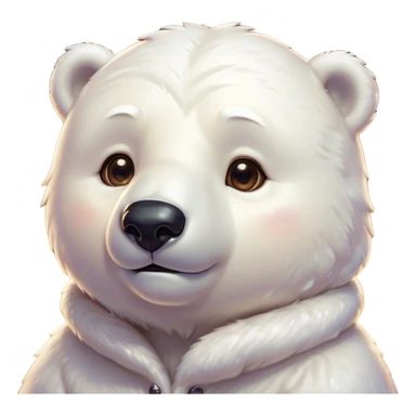 Cinematic Cute Polar Bear Portrait Emoji, Head tilted playfully and inquisitively, with a glossy, plush coat accented by a gentle, blushing muzzle and round, sparkling eyes, Simplified yet irresistibly adorable features, highly detailed, glowing with a warm, friendly polar glow, high shine, affectionate and lively, stylized with a touch of endearing charm, soft glowing outline, capturing the essence of a mischievous yet loving polar cub that feels like it could tumble out of the screen into your arms! sticker