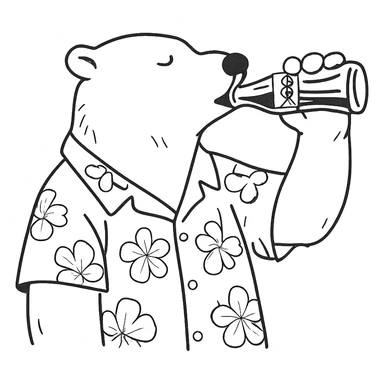 hand-drawn outline style polar bear in a Hawaiian shirt drinking Coca Cola sticker