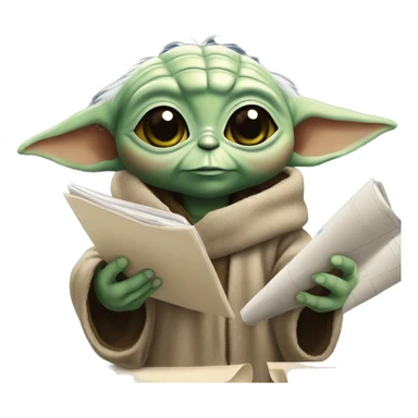 Baby Yoda is holding a smartphone, checking construction plans sticker