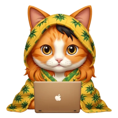 An orange female cat with a computer, with long eyelashes and black wavy hair,
She wears a blanket with pineapple patterns on her body sticker