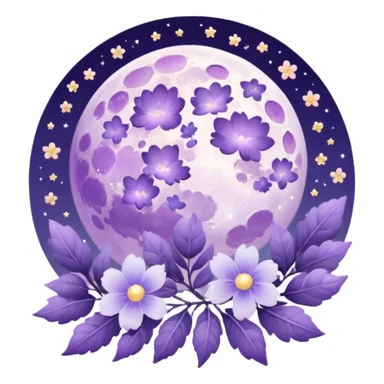 Beautiful poetic ethereal romantic magical aesthetic sparkly glittery shiny pretty floating pastel lilac lavender Violet full moon and flowers and leaves aesthetic pastel clouds scenery  sticker