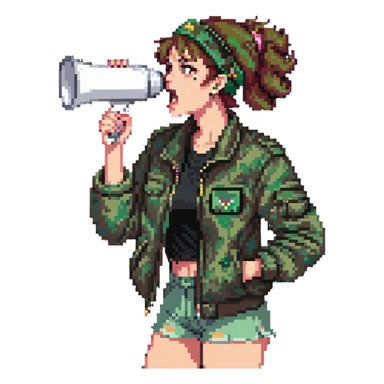 woman with green headband, camo jacket, holding a megaphone, angry expression sticker