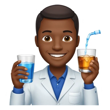 Smiling Black man, one hand with dark blue mouthwash, other with a cup of whiskey, sparkling teeth, black background sticker