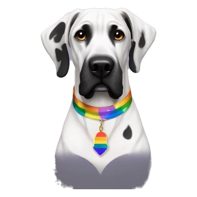 black and white great dane with a rainbow pride collar sticker