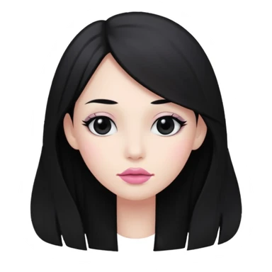 hair long black normal hair with black eyes, and white skin, white pinkish lip  sticker