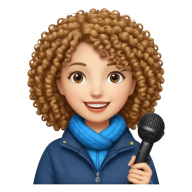 curly haired woman with winter clothes holding microphone sticker
