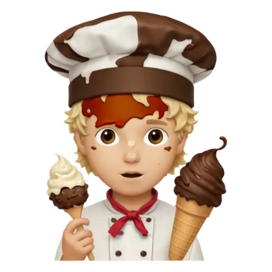 boy blonde curly hair, chef, eating chocolate ice cream sticker