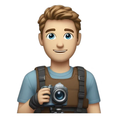 man with camera, he was smiling and he have brown short hair, blue eyes and he was tall. up camera there is a text "dir by mlodyw"  sticker