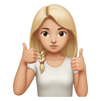 Girl with one hand clearly showing thumbs up gesture and other hand clearly showing thumbs down gesture, distinct opposing hand signals, mixed feelings facial expression sticker