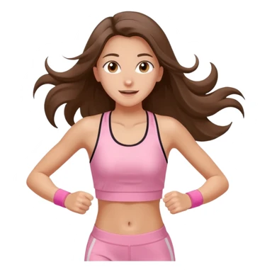 white happy brunette teen long hair with hazel eyes in light pink workout clothes jogging through race finish line sticker