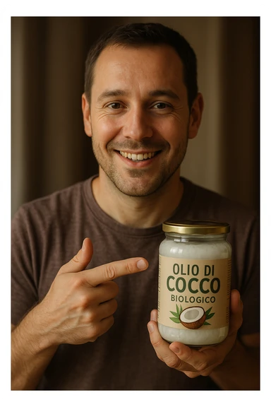 realistic and cinematic style portrait of a man pointing with satisfaction at a jar of organic coconut oil, face similar to reference photo, Italian label 'Olio di Cocco Biologico', vertical 2:3 aspect ratio, no other text sticker