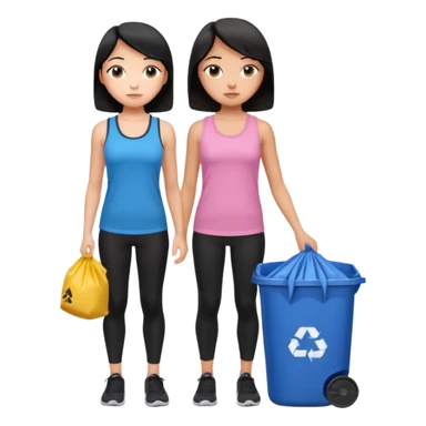 generate a genmoji of a black haired girl in a pink tank top and black leggings holding a black trash bag. Standing with her is a brunette girl in a similar blue tank top and black leggings.
Standing in front of a dustbin sticker