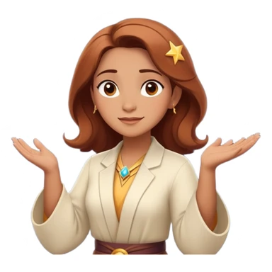 A Pixar-style sticker of a confident female astrologer based on the reference photo, giving a forecast with graceful gestures, stars twinkling around her, powerful stance and proud expression, white background sticker