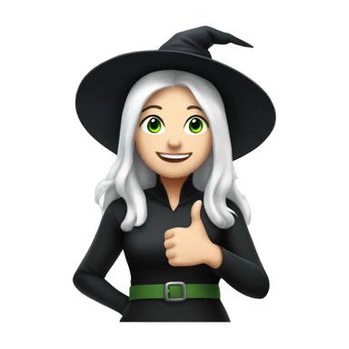 Young witch with white hair and cap, white skin, green eyes, thumbs up with black manicure  sticker
