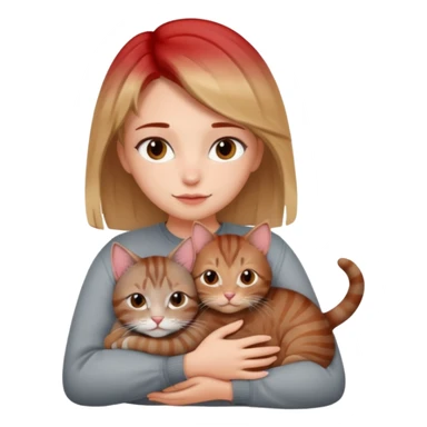 Une femme avec les cheveux dégradée, châtain et blond, qui fait un câlin à son chat gris, tigré avec des reflets roux sticker