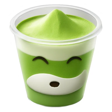 Creamy coconut matcha - no face - placed in a transparent cup topped with few matcha powder sticker