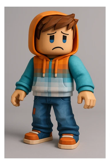 Edit the character in the reference image to have a sad expression, keeping the original Roblox style, outfit, and face color exactly as in the reference image. sticker