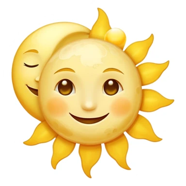 a really bright  big sun and a small moon who shines because of it. the sun is bigger and the tiny \moon bright too beside it smiling sticker