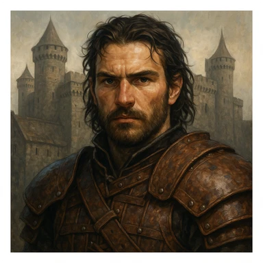 portrait of a warrior in leather armor, close-up face, direct look, medieval castle background, Game of Thrones inspired, DnD style, ArtStation quality, detailed illustration sticker