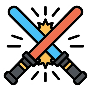 blue and red lightsabers colliding at the center, energy burst and motion streaks sticker