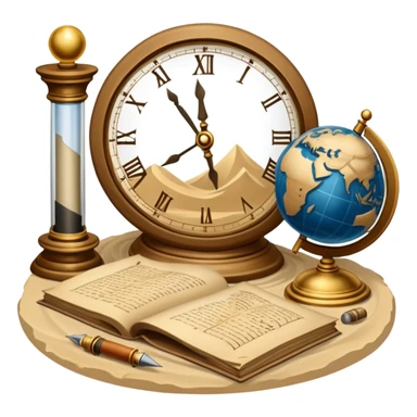An icon featuring ancient scrolls, a quill pen, and large, old-fashioned sand clocks, symbolizing the study of history. The design includes a globe and a timeline with significant historical events, set against ruins to evoke past civilizations. Transparent background highlights the passage of time. sticker