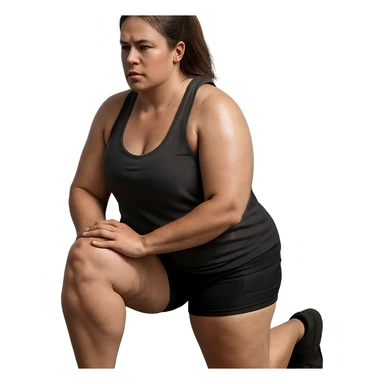 hyper realistic 4K woman doing lunges, fat on thighs and legs, normal physique, muscular details, effort atmosphere sticker