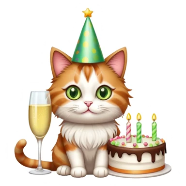 tricolor fluffy cat with big green eyes celebrating her birthday with a cake and champagne sticker