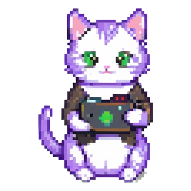 cat holding an iPhone, pixel art style sticker