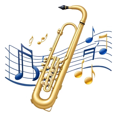 Create an elegant and artistic emoji that represents music arrangement and orchestration. The design should feature a conductor's baton, musical scores, and various orchestral instruments (drums, violin, trumpet, electric guitar, synthesizer). Incorporate flowing lines to represent harmony and orchestral balance, along with a subtle representation of sheet music. Use rich, classical colors like gold, silver, or deep blue, and create an atmosphere of sophistication and precision. The background should be transparent. sticker