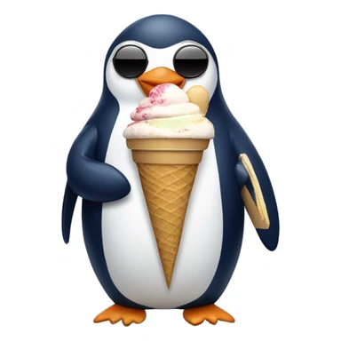 penguin wearing a navy sweater, black jeans, holding an ice cream with sunglasses in its head  sticker