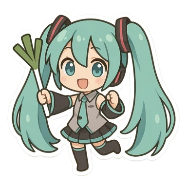 Hatsune Miku chibi style, oversized turquoise hair, cute pose, holding a leek sticker