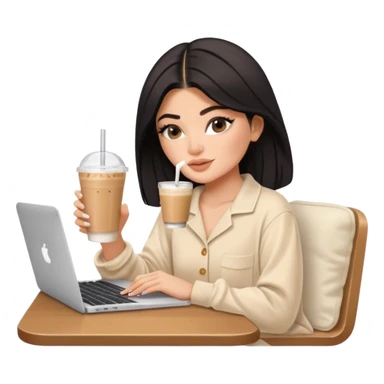 Kylie Jenner sitting learning on macbook in her luxury summer home, she wears a beige Skims pajama and she's drinking 1 tasty iced latte sticker
