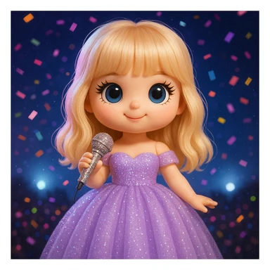 Pretty and girly Blonde pop star with bangs wearing a sparkly tulle light purple ballgown, holding a bedazzled microphone, reimagined as a cute doll, with a nighttime concert backdrop with colorful confetti sticker