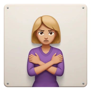 woman with avoidant attachment style with angry expression, arms firmly crossed creating barrier, body turned slightly away showing emotional distance, dismissive cold eyes, small wall or barrier symbol nearby sticker